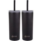 2x Oasis Super Sipper Insulated Tumbler w/ Silicone Head Straw 600ml Mug - Black