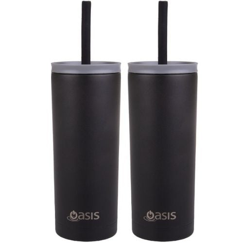 2x Oasis Super Sipper Insulated Tumbler w/ Silicone Head Straw 600ml Mug - Black