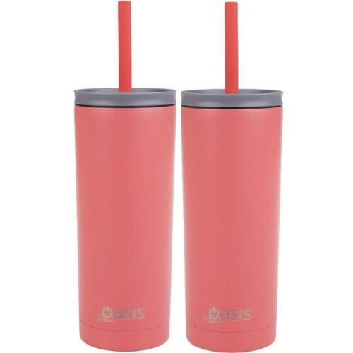 2x Oasis Super Sipper Insulated Tumbler w/ Silicone Head Straw 600ml Mug - Coral