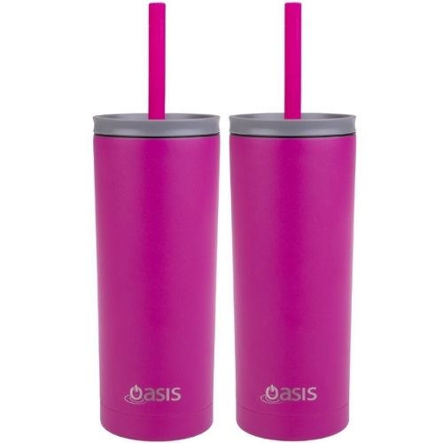 2x Oasis Super Sipper Insulated Tumbler w/ Silicone Head Straw 600ml Mug Fuchsia