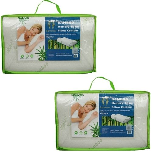 2x Ramesses Bamboo Memory Foam Pillow Contour w/ Bonus Jacquard Pillow Protector