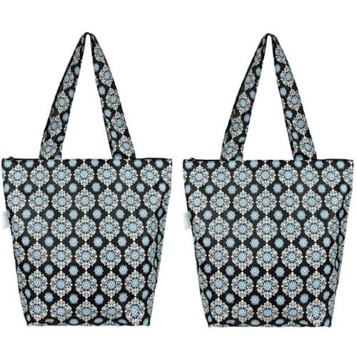 2x Sachi Insulated Market Tote Bags Foldable Shopping Carry Bag, Black Medallion