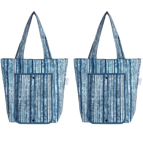 2x Sachi Insulated Market Tote Folding Portable Shopping Carry Bag, Blue Stripes