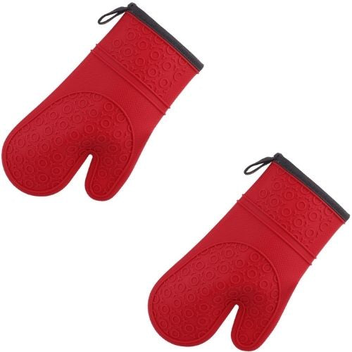 2x Silicone Oven Gloves Heat Resistant Daily Bake Mitts Baking, Cooking - Red