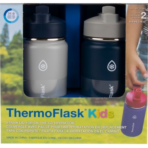 2 x Thermoflask Kids Vacuum Insulated Bottle 414ml Stainless Steel, Grey/Navy
