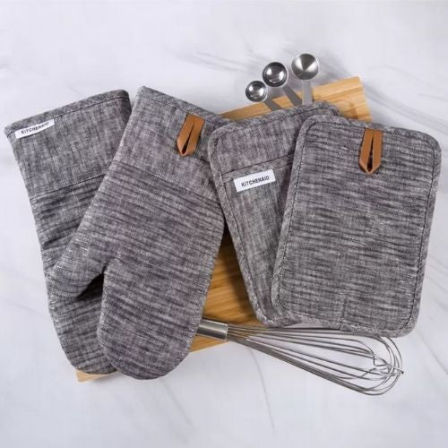 4pcs KitchenAid Pot Holder and Oven Mitt Set Heat Resistant Mittens - Black