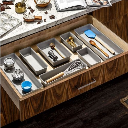4x Madesmart Small Storage Bin Utensil Tray Kitchen Drawer Organiser - Soft Grey