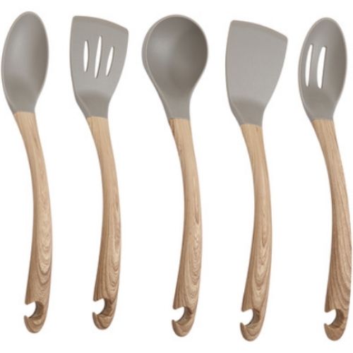 5 Piece Wooden Look Utensils Kitchen Tools Cooking Wood Set Brown