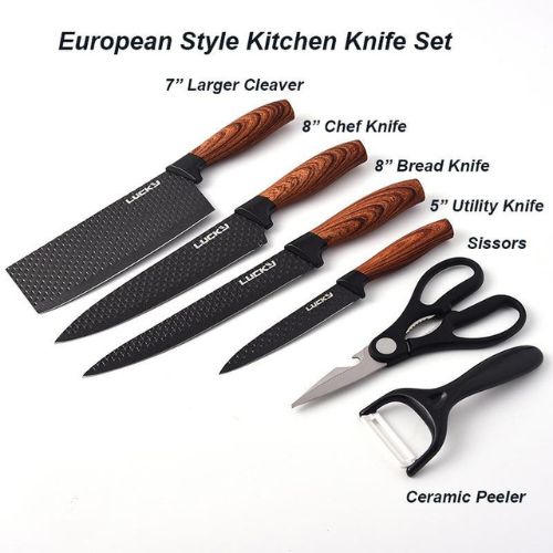 6-Piece Kitchen Knife Set with Block & Sharpener Stainless Steel Nonstick Knives