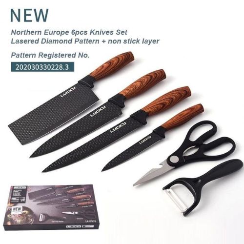 6-Piece Kitchen Knife Set with Block & Sharpener Stainless Steel Nonstick Knives