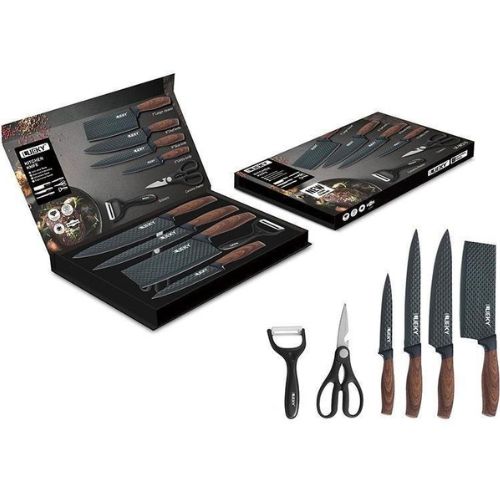 6-Piece Kitchen Knife Set with Block & Sharpener Stainless Steel Nonstick Knives