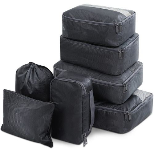 7Pcs Travel Luggage Organiser Suitcase Packing Cubes Pouch Storage Bag Dark Grey