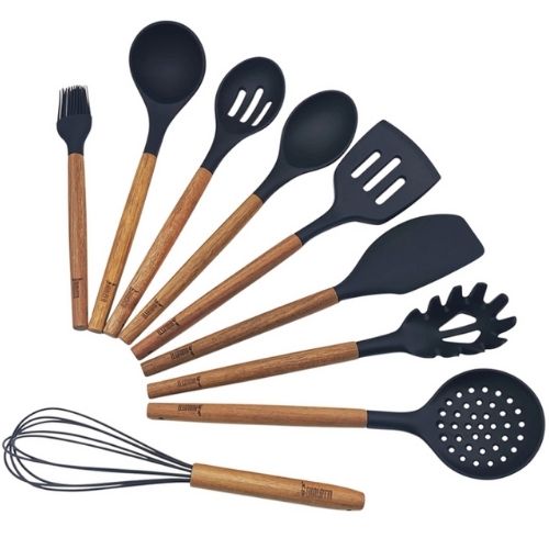9-Piece Bialetti Silicone Cooking Utensils Kitchen Set with Wooden Handles