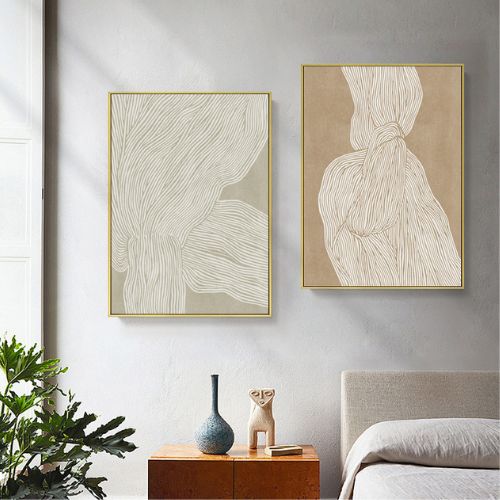 Abstract Line Gold Frame Canvas Home Decor Wall Art Print Set of 2 (40cmx60cm)