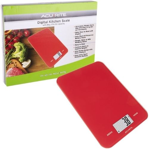 Acurite Large Slim Line Glass Digital Kitchen Food Measure Scale 1g/8kg Red