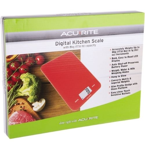 Acurite Large Slim Line Glass Digital Kitchen Food Measure Scale 1g/8kg Red