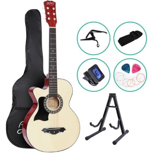 Alpha Acoustic Guitar 38" Wooden Left Handed W/ Case & Accessories, Natural Wood