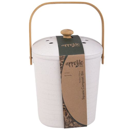 Appetito Square Bamboo Fibre Compost Bin Food Recycling Trash 3.8L - White