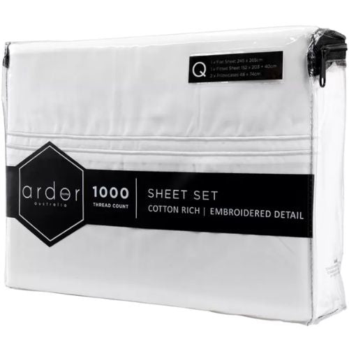 Ardor 1000 TC Hotel Embroidered King Sheet Set White