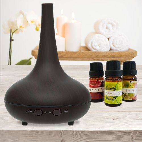 Aroma Diffuser + Essential Oil Aromatherapy LED Light Dark Wood Grain Humidifier