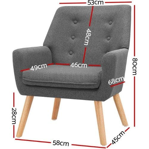 Artiss Armchair Fabric Wooden Lounge Sofa Dining Chair Soft Bedroom Couch - Grey