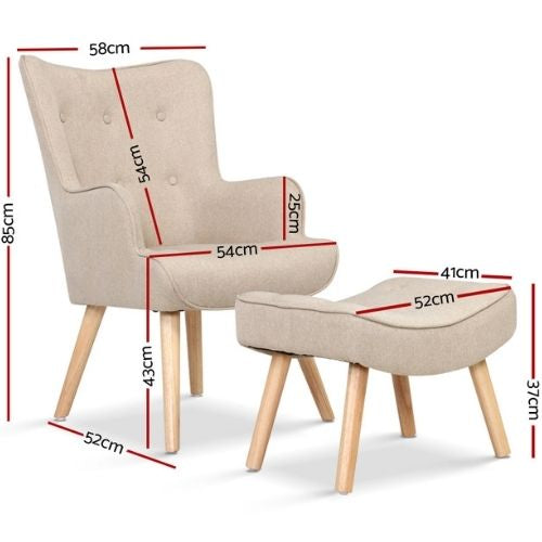 Artiss Armchair Lounge Chair Fabric Sofa Accent Chairs and Ottoman - Beige