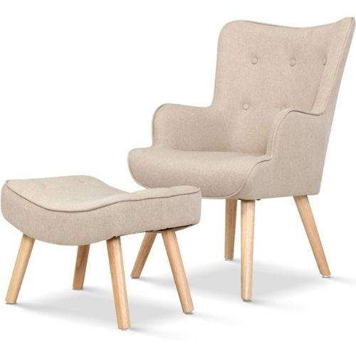 Artiss Armchair Lounge Chair Fabric Sofa Accent Chairs and Ottoman - Beige