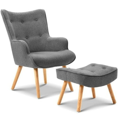 Artiss Armchair & Ottoman Fabric Lounge Chair w/ Footstool Modern Sofa - Grey
