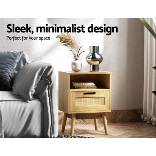 Artiss Bedside Table Drawer Rattan Side Tables Wooden Nightstand Storage Cabinet