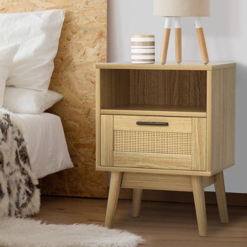 Artiss Bedside Table Drawer Rattan Side Tables Wooden Nightstand Storage Cabinet