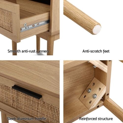 Artiss Bedside Table Nightstand Side Tables 1 Drawer Rattan Wood Storage Cabinet