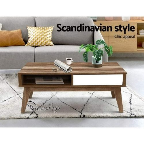 Artiss Coffee Table 2 Storage Drawers Open Shelf Scandinavian Wooden - White