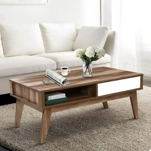 Artiss Coffee Table 2 Storage Drawers Open Shelf Scandinavian Wooden - White