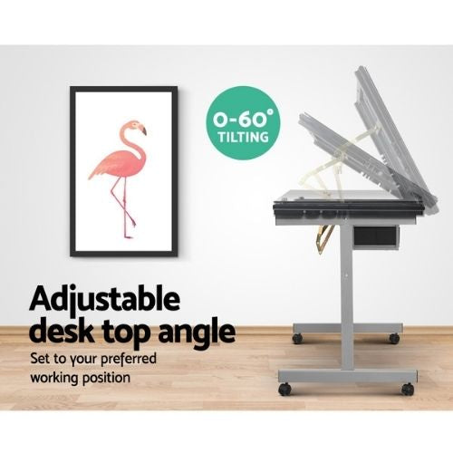 Artiss Drawing Desk Drafting Table Art Adjustable Glass Top Tilt Drawers - Grey