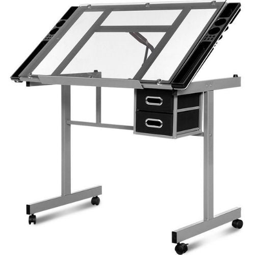 Artiss Drawing Desk Drafting Table Art Adjustable Glass Top Tilt Drawers - Grey