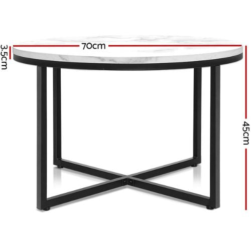 Artiss Round Coffee Table with Marble Finish Tabletop & Black Steel Base 70X70CM