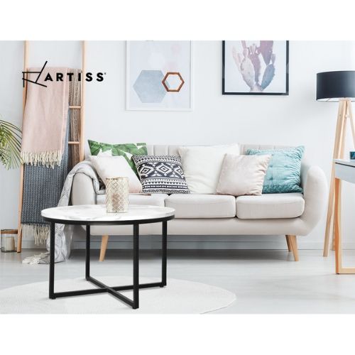 Artiss Round Coffee Table with Marble Finish Tabletop & Black Steel Base 70X70CM