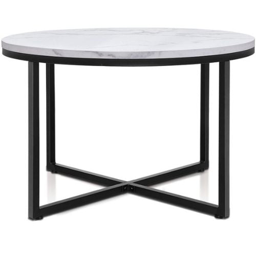 Artiss Round Coffee Table with Marble Finish Tabletop & Black Steel Base 70X70CM