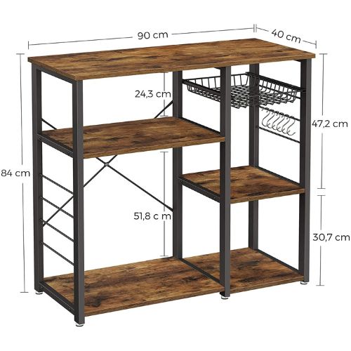 Baker's Rack Coffee Station Microwave Oven Stand with Wire Basket and 6 Hooks