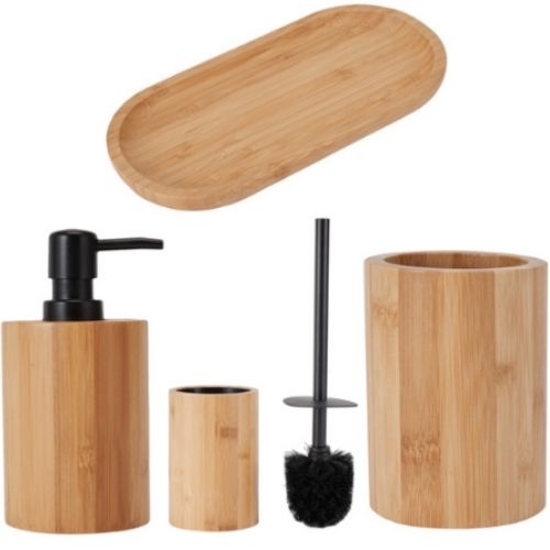 Bamboo Bathroom Accessories Set|Tumbler, Tray, Toilet Brush Set & Soap Dispenser