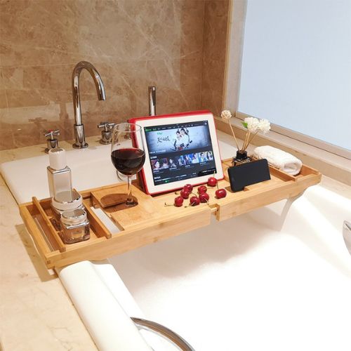 Bamboo Bathtub Caddy Tray w/ Extending Sides Wineglass Holder, iPhone iPad Stand