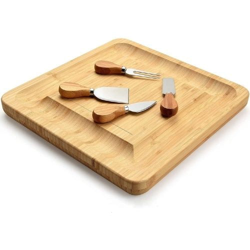 Bamboo Cheese Board Platter With Cutlery In Slid-Out Drawer & 4 Serving Utensils