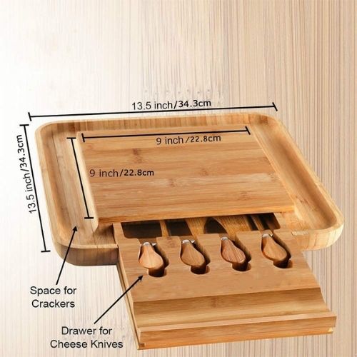 Bamboo Cheese Board Platter With Cutlery In Slid-Out Drawer & 4 Serving Utensils