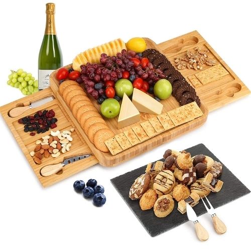 Bamboo Cheese Board & Knife Set W/ Cutlery, Slate Rock Tray & Thick Wooden Tray