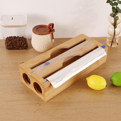 Bamboo Food Wrap Dispenser & Cutter, Aluminium Foil Storage Holder Box Kitchen