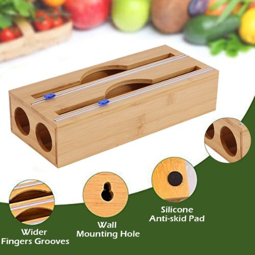 Bamboo Food Wrap Dispenser & Cutter, Aluminium Foil Storage Holder Box Kitchen