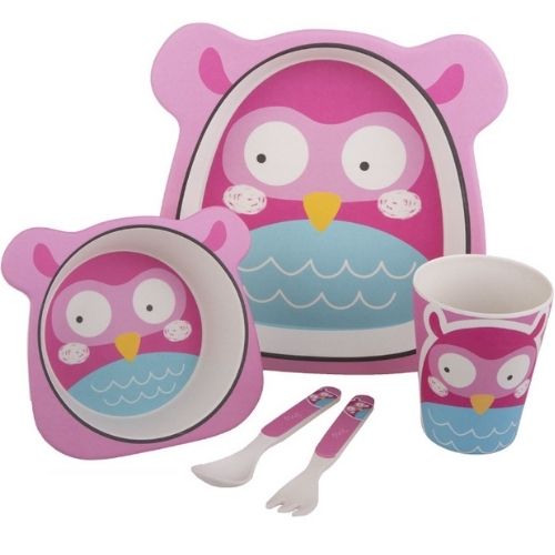 Bamboo Kids Meal Set 5 Piece For Children Bambeco Owl With Spoon Plate Fork