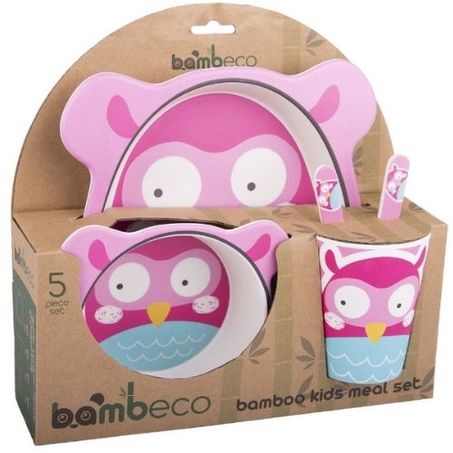 Bamboo Kids Meal Set 5 Piece For Children Bambeco Owl With Spoon Plate Fork