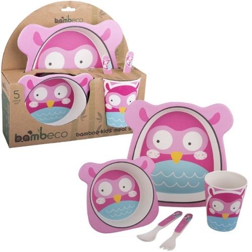 Bamboo Kids Meal Set 5 Piece For Children Bambeco Owl With Spoon Plate Fork