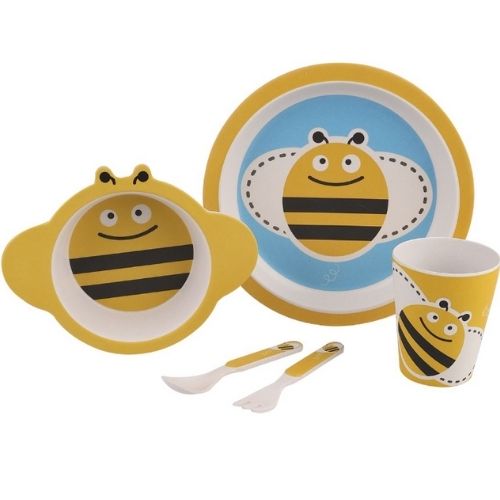 Bamboo Kids Meal Time Set Spoon Plate Fork Children Kid 5 Pieces Bambeco Bee